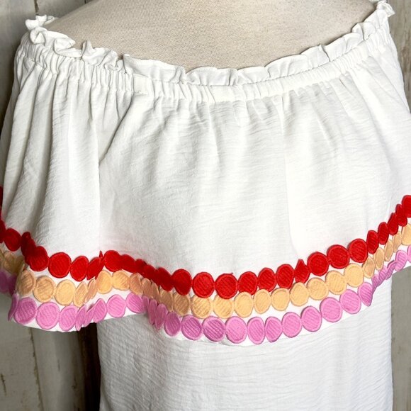 Morgan Claire Multi White Off Shoulder Ric-Rac Trimmed Ruffled Tiered Top Size S - Picture 4 of 10